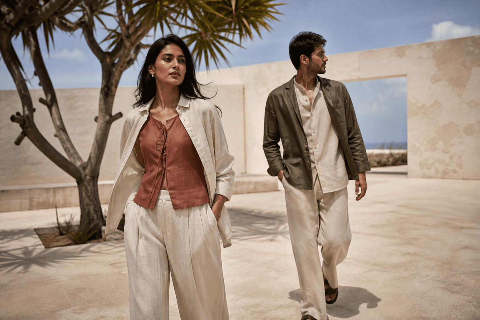 Two South Asian models in chalk, clay, and olive cotton-linen resortwear crossing a bright coastal courtyard